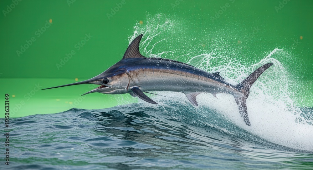 Obraz premium Marlin Jumping Out of the Water Against a Vibrant Green Background