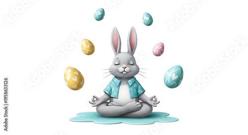 Meditating Bunny Surrounded by Easter Eggs.