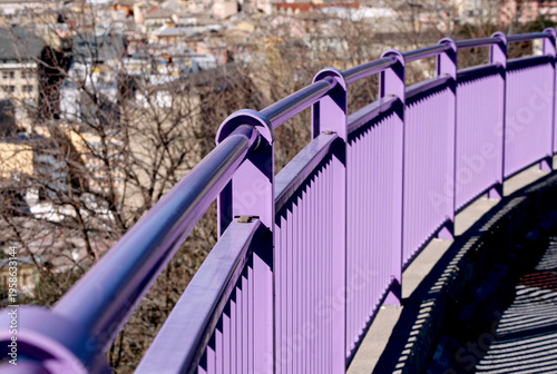 Purple handrail and pedestrian parapet