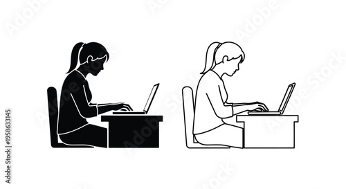 Two women working on laptops at desks a striking silhouette