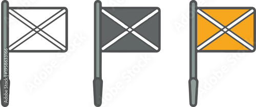 Professional soccer referee assistant flag icon set featuring linesman signals in line art, solid, and flat vector design styles.