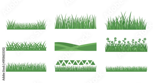 Collection of various green grass patches and stylized lawn elements illustration
