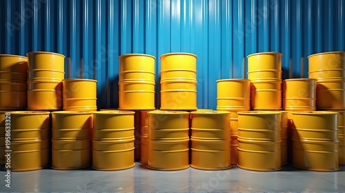 A vibrant display of stacked yellow drums against a blue wall, showcasing industrial storage.