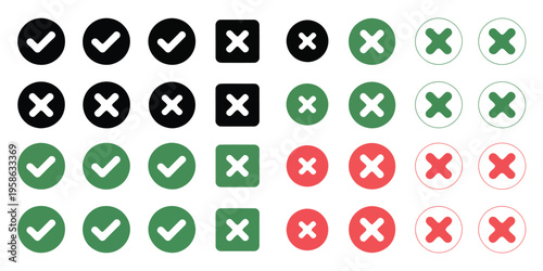 Green check mark and red cross icon set, circle and square vector symbols representing approval, rejection, correct and incorrect actions, minimal flat and outline design for apps, websites