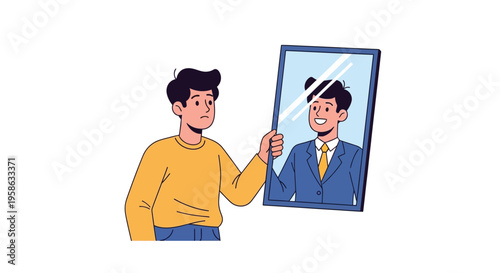 A cartoon man in a yellow shirt looks at his reflection in a mirror as a successful businessman.