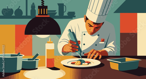 Chef in modern kitchen preparing gourmet dish with precision and creativity