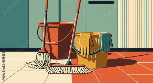 Clean and tidy: mops and buckets in retro style for efficient cleaning solutions