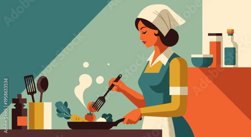 Retro style woman cooking in kitchen with fresh ingredients and utensils