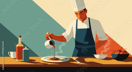 Chef creating culinary art in modern kitchen setting