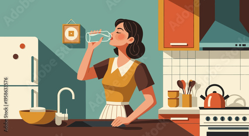 Mid-century modern woman drinking water in a retro kitchen scene