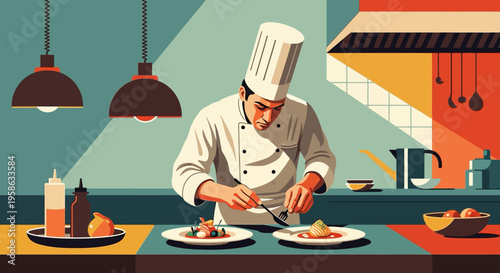 Chef preparing gourmet dishes in a stylish kitchen setting