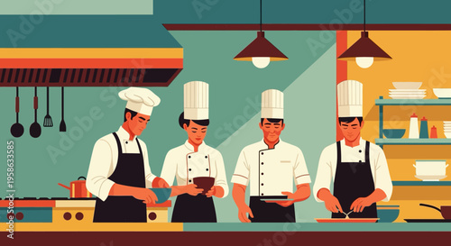 Professional chefs preparing meals in a modern commercial kitchen