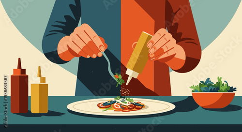 Creative culinary art: person garnishing a dish in modern art style
