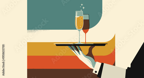 Mid-century modern waiter serving drinks on abstract background