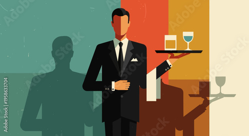 Retro styled waiter silhouette with drinks on colorful geometric background
