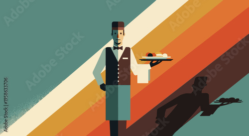 Retro style waiter serving with geometric background and shadow
