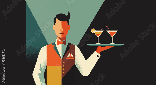 Retro style bartender serving cocktails in mid-century modern design