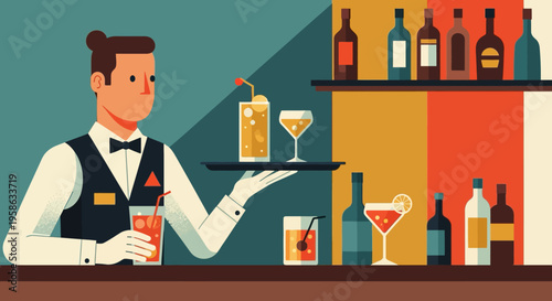 Retro style bartender serving drinks in a vintage bar setting