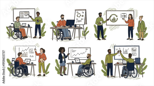 Inclusive office concept – employee in a wheelchair as part of a business team. Flat vector illustration emphasizing workplace accessibility and inclusion