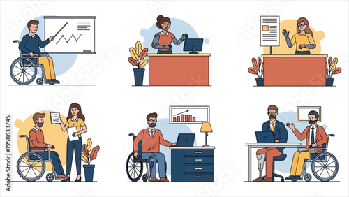 Inclusive office vector – diverse disabled characters working together with wheelchairs, adaptive tools, and supportive colleagues, promoting an accessible and empathetic workspace
