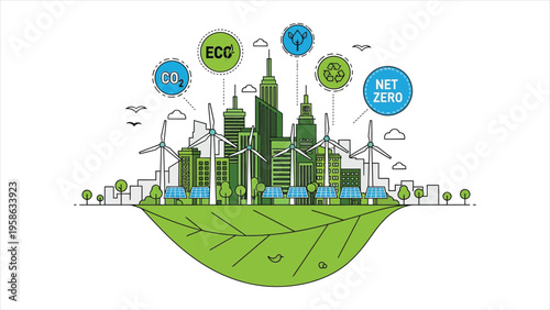 Net zero and carbon-neutral concept – green city vector banner illustrating greenhouse gas reduction, climate-neutral strategies, and sustainability icons