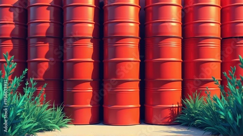 A vibrant arrangement of stacked red barrels surrounded by green foliage.