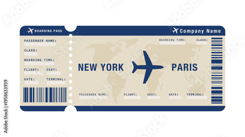 Airline boarding pass ticket template for New York to Paris flight and travel concept design