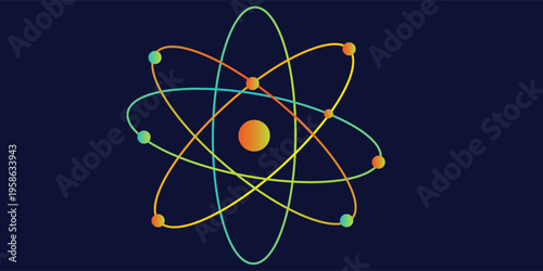 Colorful atomic structure illustration, nuclear energy concept, atom model with electron orbits.