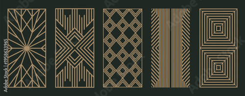 Gold abstract line art pattern vector collection with laser cut design, geometric line patterns for wood carving, wall panel decor, metal cutting, wallpaper, banner, cover background and wall art