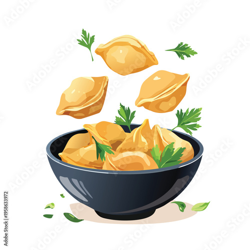 Delicious dumplings in bowl with herbs isolated on white background