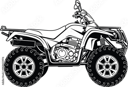 All terrain quad bike ATV illustration, detailed off road four wheeler vehicle side view line art vector isolated on white background