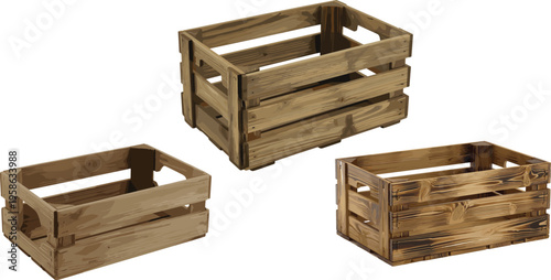 Rustic wooden crates collection, empty storage boxes, vintage timber container set, isolated vector illustration for packaging, delivery, and rustic decor