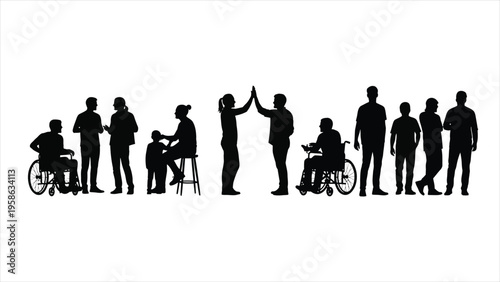 Silhouette of an inclusive, diverse community – people standing and in wheelchairs, representing teamwork, accessibility, equality, social integration, and unity