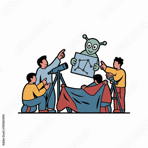 Alien Presenting Graph to Filmmakers with Camera Tripods