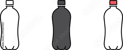 Plastic water bottle icon set featuring minimalist liquid container designs in line art and flat vector styles for hydration branding.