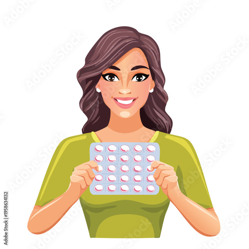 Woman holding pills blister pack isolated on white background