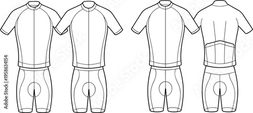 Detailed technical of cycling apparel front and back views showcasing jersey and bib shorts for athletic wear