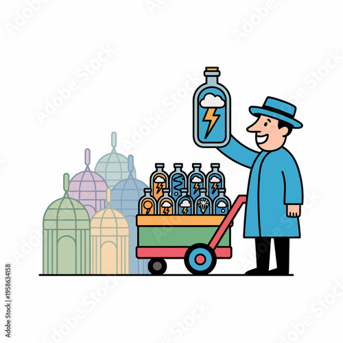 Cartoon Scientist Holding Lightning Bolt Bottle in Front of Domed Buildings