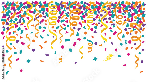 Colorful party confetti background with festive streamers and shapes