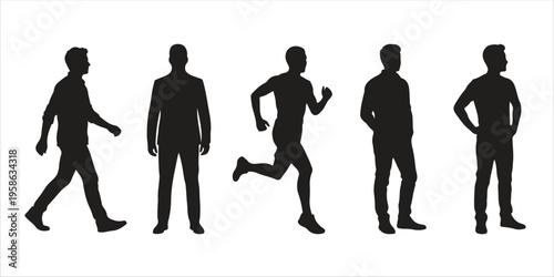 Collection of five black human figure silhouettes depicting various common activities and professional postures side by side.