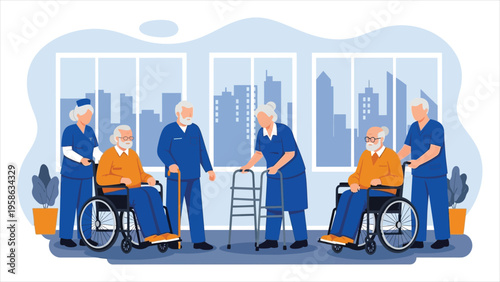 Vector flat cartoon illustration of a nurse caring for elderly patients in a hospital