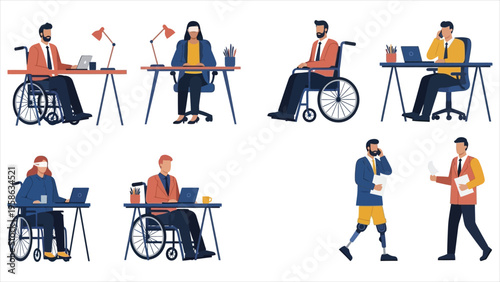 Vector set of diverse people working – multicultural office or students, including a Muslim businesswoman and disabled colleagues. Inclusive workplace concept..