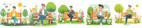 vector of a man sitting on a park bench drinking iced orange juice in spring