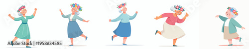 vector of a happy dancing grandmother wearing a spring flower crown