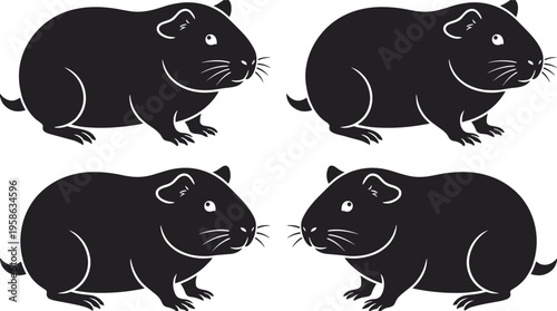 Capybara silhouette set cute rodent animal poses black vector illustration isolated wildlife collection simple design elements natural style