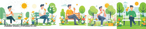 vector of a man sitting on a park bench drinking iced orange juice in spring