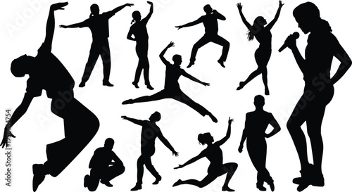Large collection of black silhouettes featuring male and female performers dancing, jumping, and singing with microphones, isolated on white background for creative entertainment designs