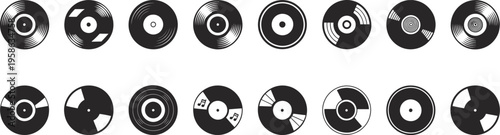 Record Vinyl Silhouette Icons, black vector symbols of vinyl records music discs DJ audio media