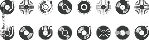 Record Vinyl Silhouette Icons, black vector symbols of vinyl records music discs DJ audio media
