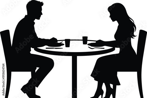Couple eating silhouette romantic dinner date restaurant people black vector illustration isolated lifestyle relationship design elements collection